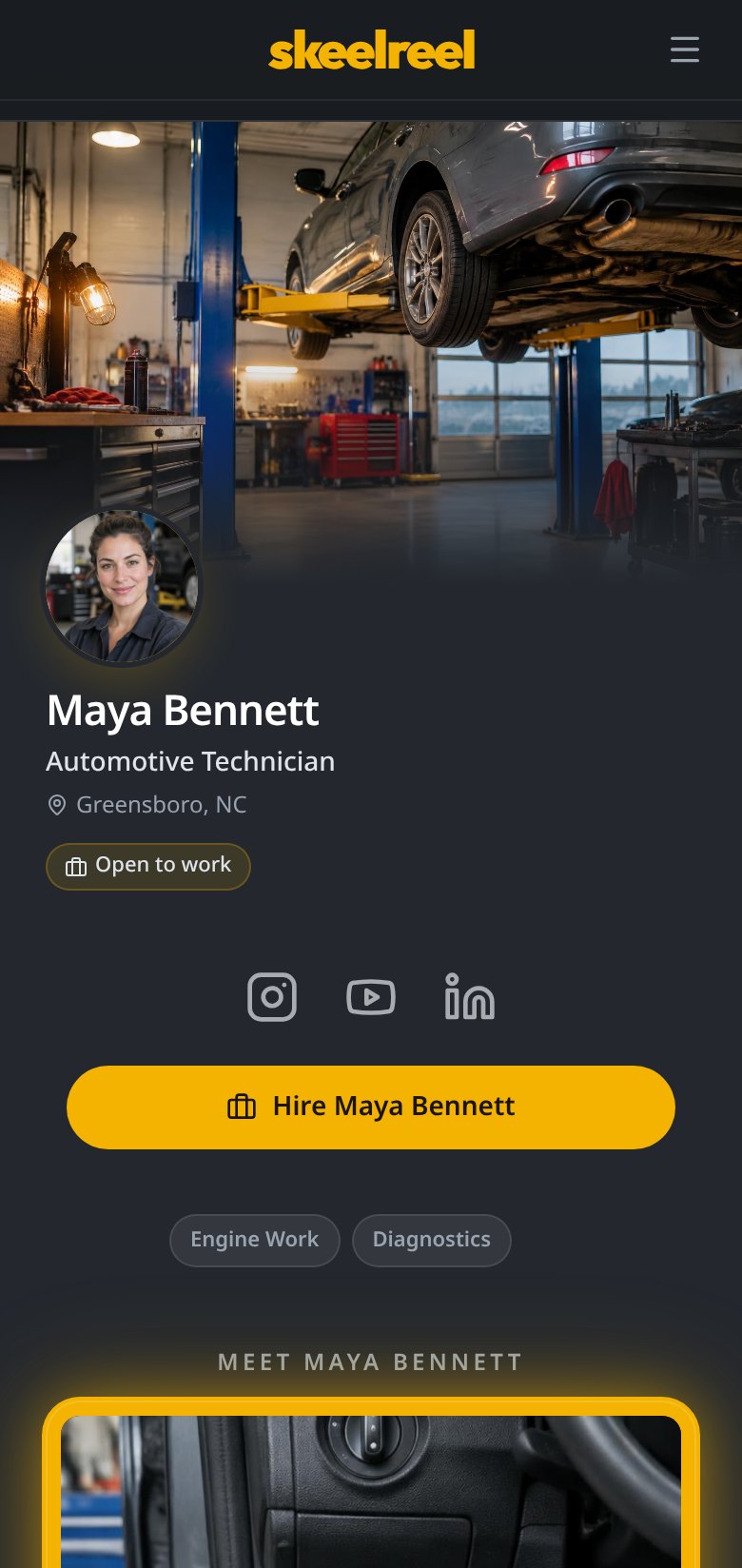 Example SkeelReel profile for Maya Bennett, a fictional automotive technician